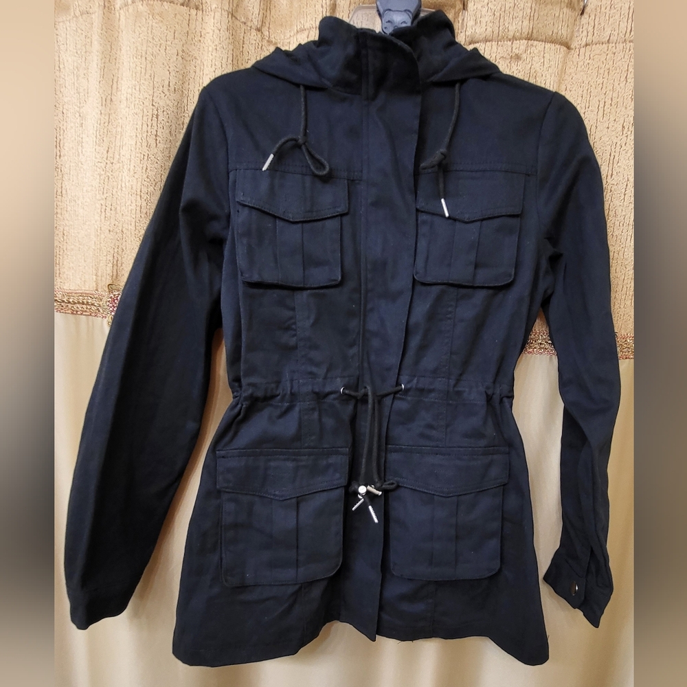 Women's Black swing jacket with hoodie and waist drawstring. Size Medium